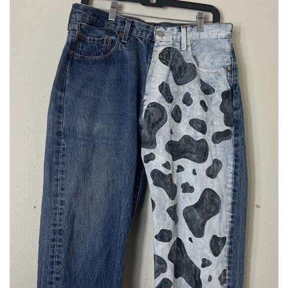 Vtg Levi's 501 Button Fly Blue Denim Jeans Rare Black And White Painted 34×34 - Picture 2 of 16